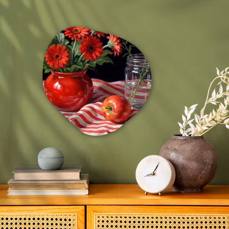 Organic - Forex - Red Flowers - Vase - Rode bloemen - Vaas Wandcirkel Organisch Forex 3mm klein