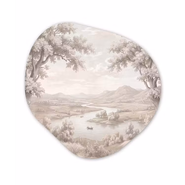 Rivierlandschap - Bergen - Natuur - Vintage - Beige Wandcirkel Organisch Forex 3mm klein -3d