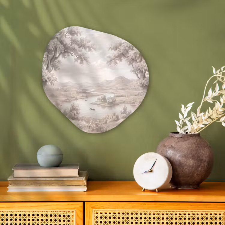 Rivierlandschap - Bergen - Natuur - Vintage - Beige Wandcirkel Organisch Forex 3mm klein -sfeer2