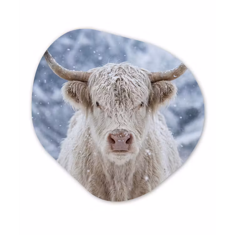Schotse Hooglander - Sneeuw - Bergen - Winter Wandcirkel Organisch Forex 3mm klein -3d