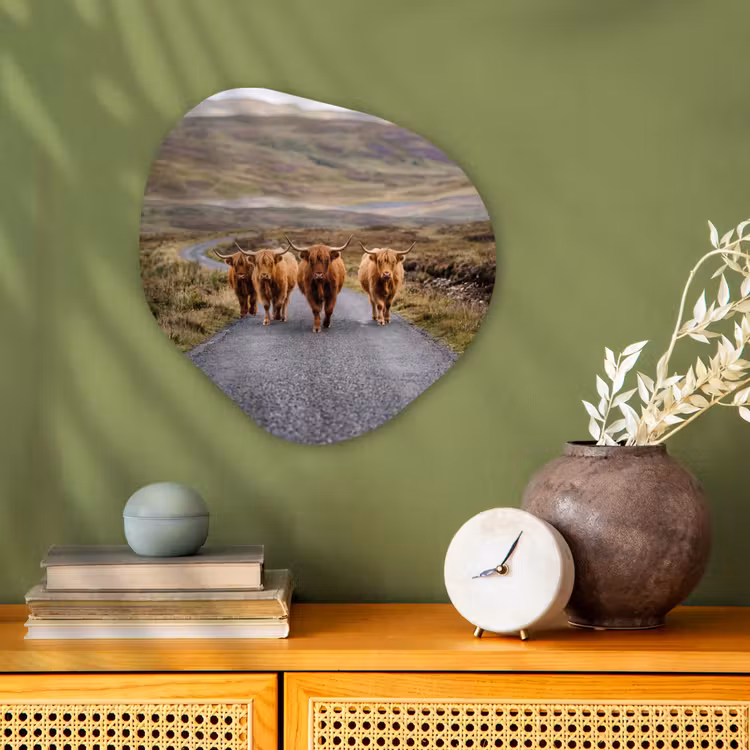 Schotse Hooglanders - Weg - Landschap - Kudde Wandcirkel Organisch Forex 3mm klein -sfeer2