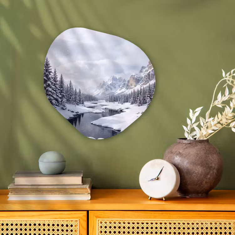 Sneeuwlandschap - Bergen - Rivier - Winter Wandcirkel Organisch Forex 3mm klein -sfeer2