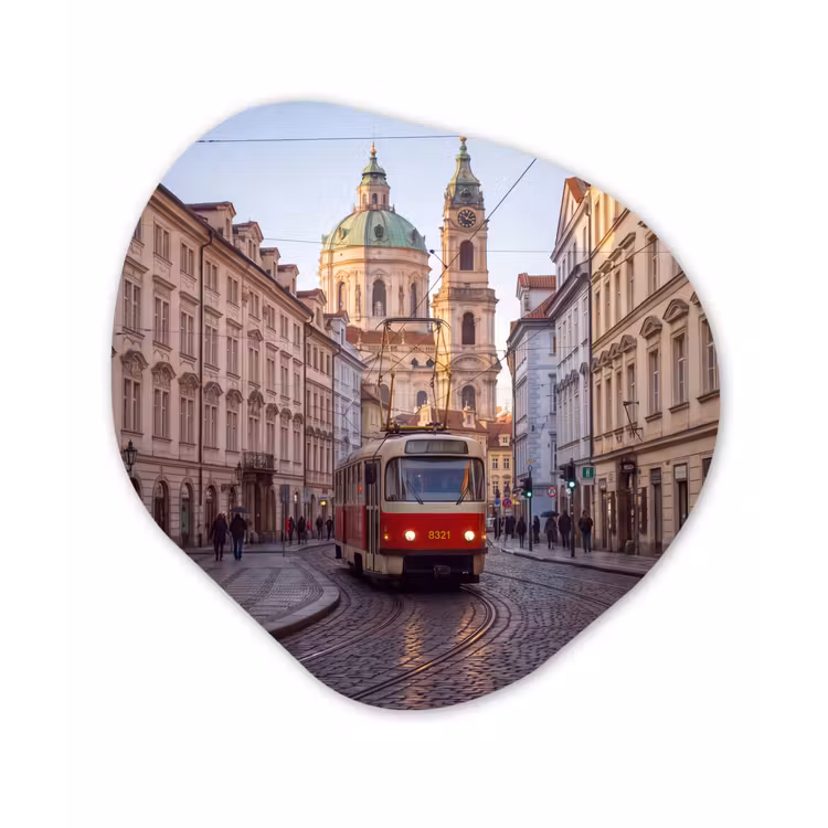 Tram - Straat - Stadsgezicht - Klassiek - Rood Wandcirkel Organisch Forex 3mm klein -3d