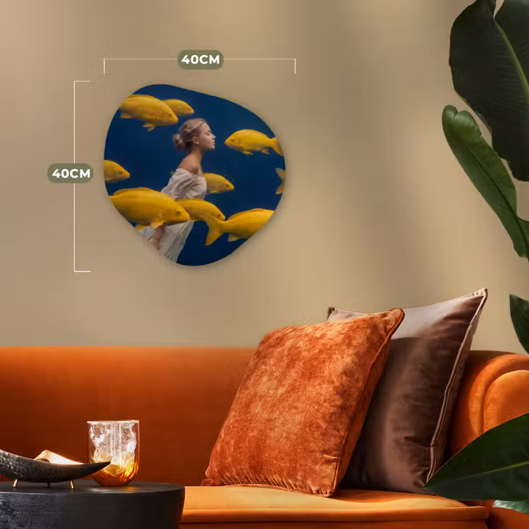 Vrouw - Vis - Water - Natuur - Geel Wandcirkel Organisch Forex 3mm klein -sfeer3