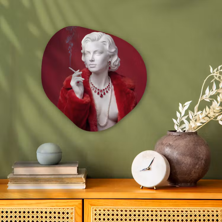 Vrouw - Bontjas - Mode - Klassiek - Rood Wandcirkel Organisch Forex 3mm klein -sfeer2