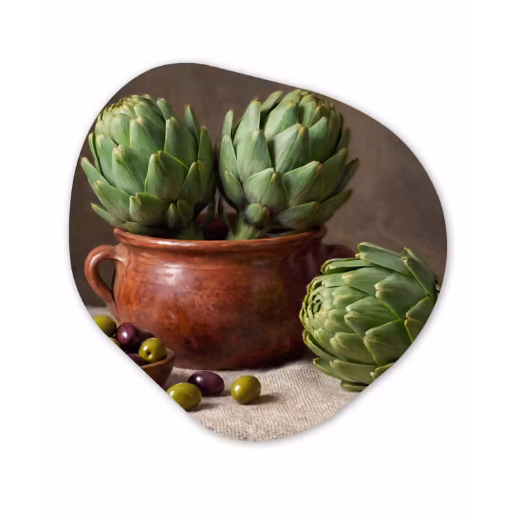 Organic - Glass - Artichokes - Olives - Food - Artisjokken - Olijven - Eten Wandcirkel Organisch Plexiglas middel