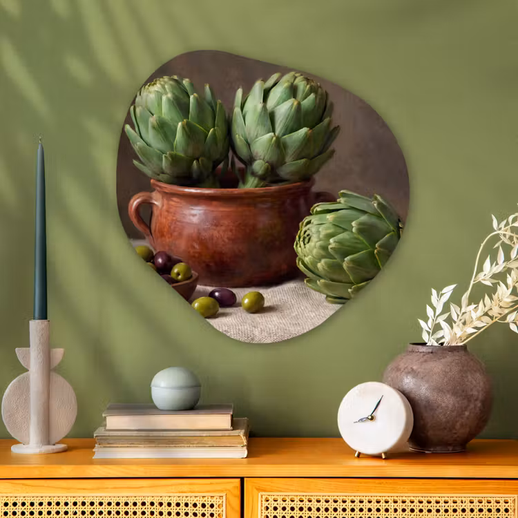 Organic - Glass - Artichokes - Olives - Food - Artisjokken - Olijven - Eten Wandcirkel Organisch Plexiglas middel