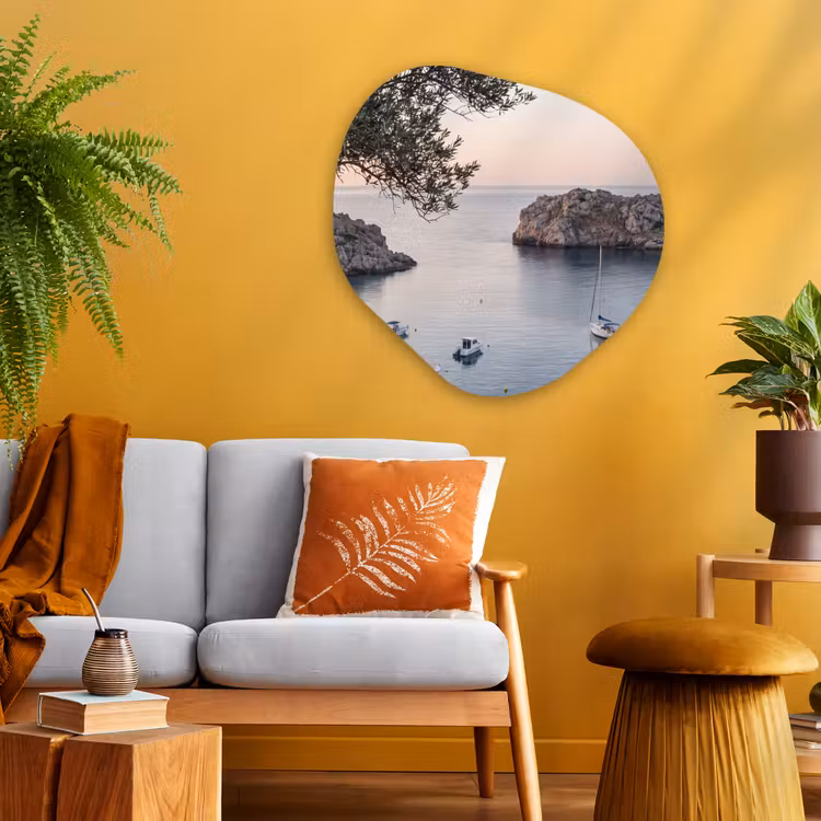 Organic - Glass - Bay - boats - sunset - Baai - boten - zonsondergang Wandcirkel Organisch Plexiglas middel