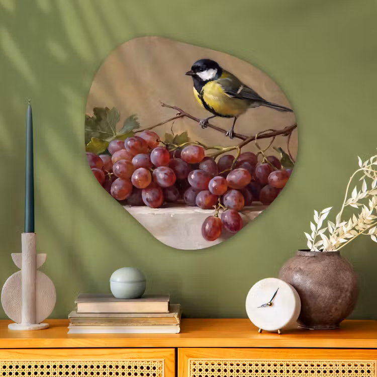 Organic - Glass - Bird - Grapes - Still Life - Vogel - Druiven - Stilleven Wandcirkel Organisch Plexiglas middel