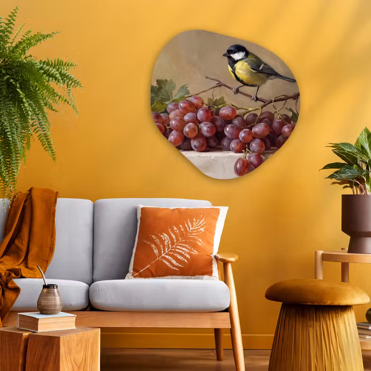 Organic - Glass - Bird - Grapes - Still Life - Vogel - Druiven - Stilleven Wandcirkel Organisch Plexiglas middel