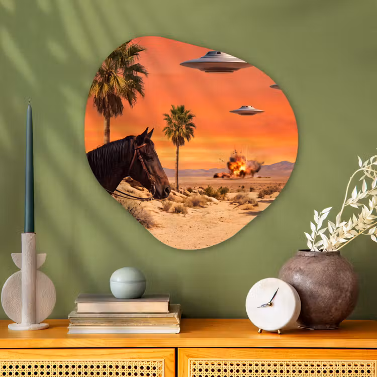 Organic - Glass - Cowboy - Horse - Desert - Cowboy - Paard - Woestijn Wandcirkel Organisch Plexiglas middel
