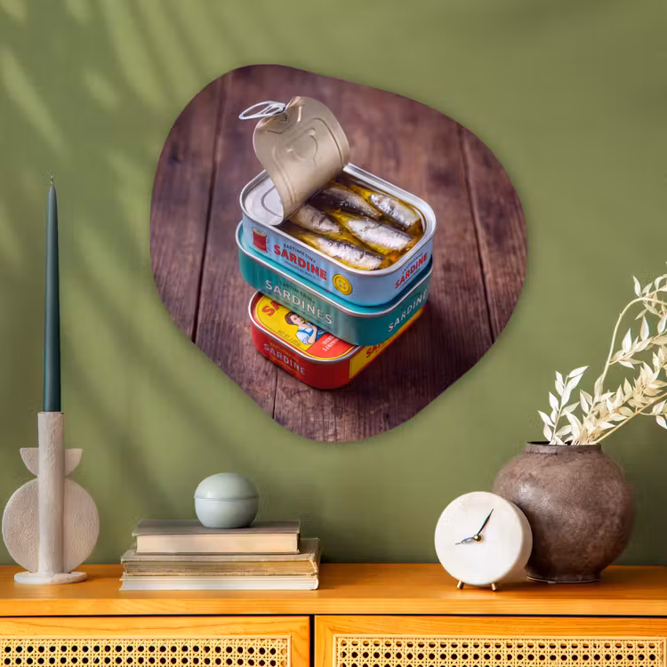 Organic - Glass - Fish - Cans - Kitchen - Vis - Blikjes - Keuken Wandcirkel Organisch Plexiglas middel