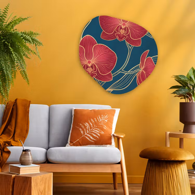Organic - Glass - Flowers - Red - Gold - Bloemen - Rood - Goud Wandcirkel Organisch Plexiglas middel