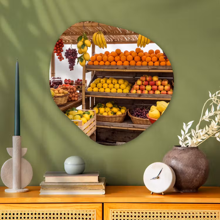 Organic - Glass - Market Stall - Fruit - Fresh - Marktkraam - Fruit - Vers Wandcirkel Organisch Plexiglas middel