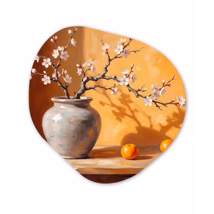 Organic - Glass - White Flowers - Still Life - Witte bloemen - Stilleven Wandcirkel Organisch Plexiglas middel