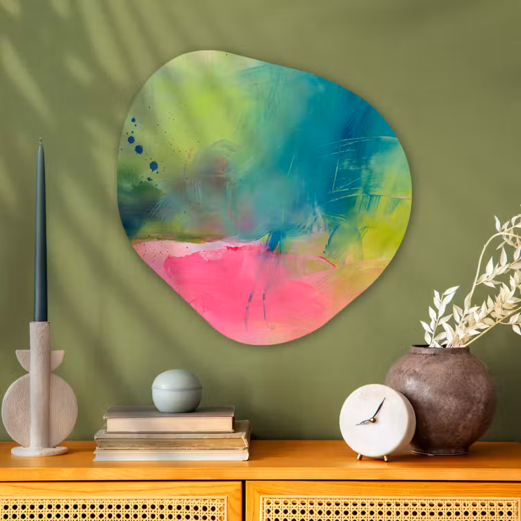 Abstract - Kleuren - Modern - Groen - Roze Wandcirkel Organisch Aluminium middel -sfeer2
