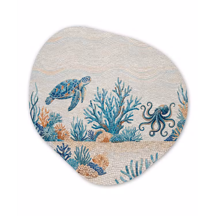 Dieren - Onderwater - Natuur - Mozaïek - Blauw Wandcirkel Organisch Aluminium middel -3d