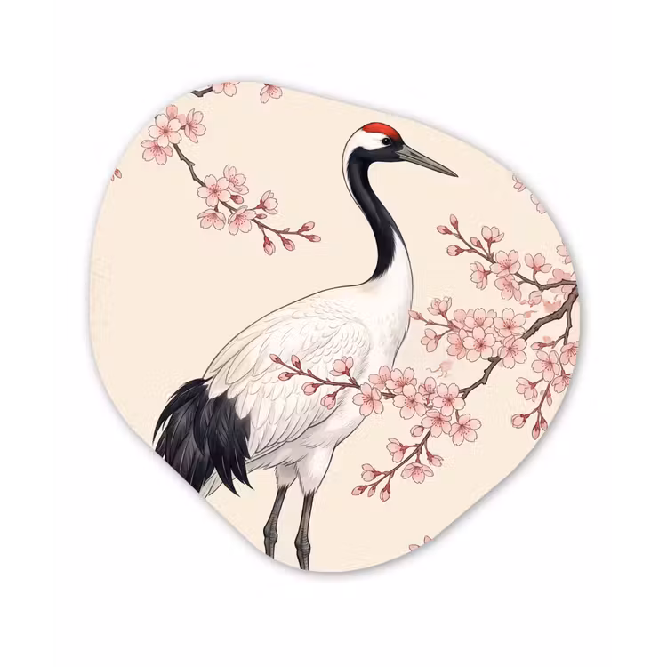 Aziatisch - Kraanvogel - Beige Wandcirkel Organisch Aluminium middel -3d