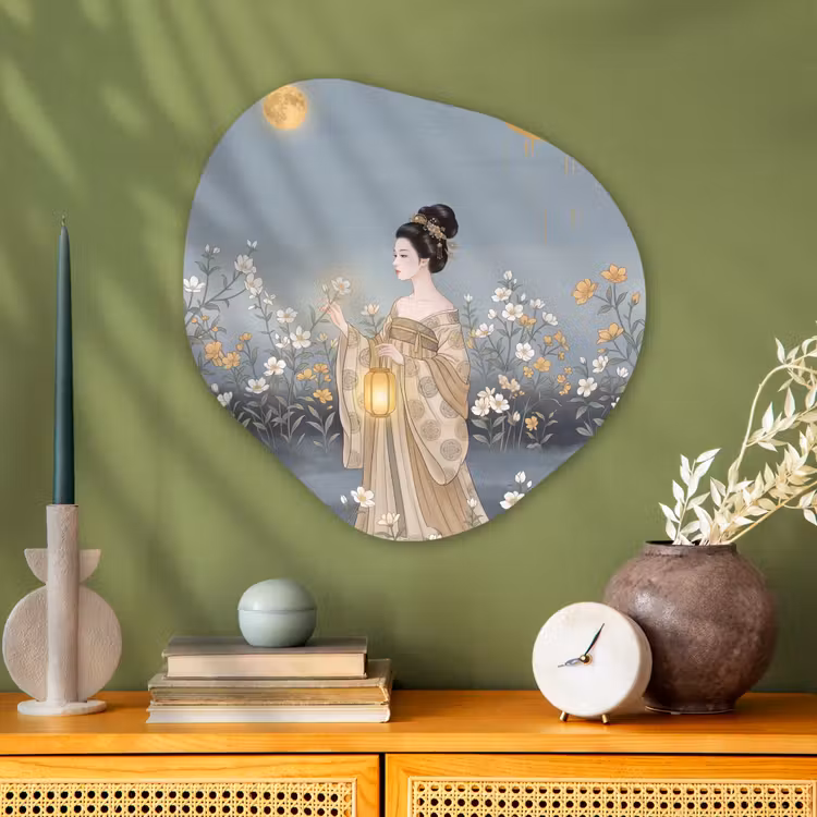 Aziatisch - Vrouw - Kimono Wandcirkel Organisch Aluminium middel -sfeer2