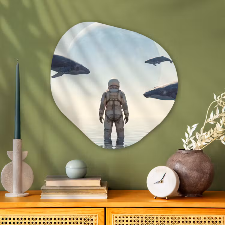 Organic painting - Aluminum -. Astronaut - Whale - Fantasy - Ruimtevaarder - Walvis - Fantasie Wandcirkel Organisch Aluminium middel