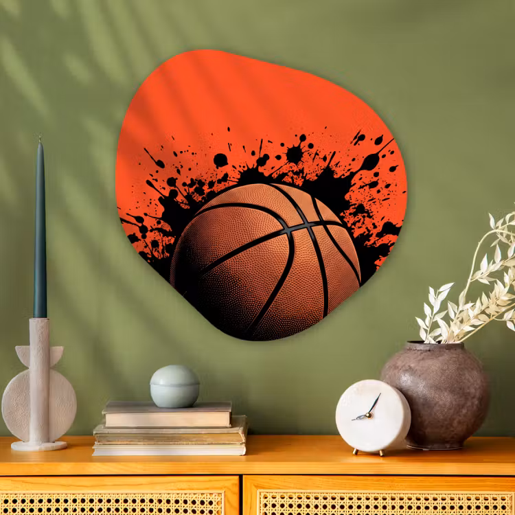 Basketbal - Verf - Sport - Oranje Wandcirkel Organisch Aluminium middel -sfeer2