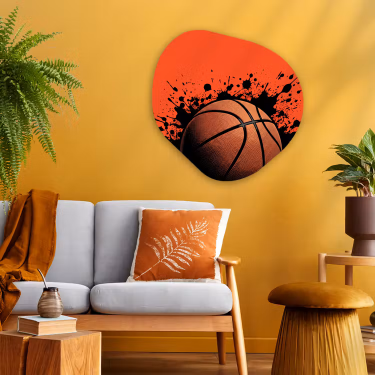 Basketbal - Verf - Sport - Oranje Wandcirkel Organisch Aluminium middel -sfeer4
