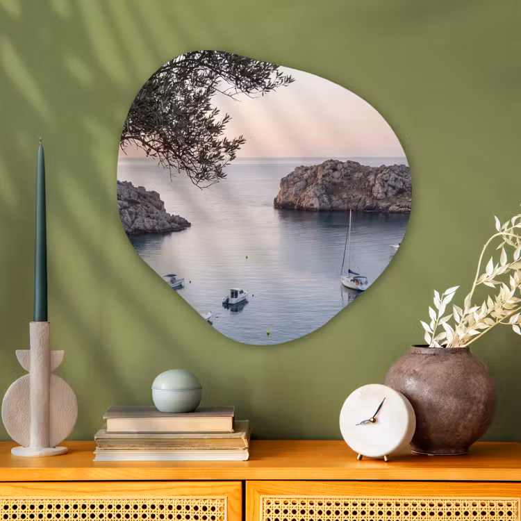 Organic painting - Aluminum -. Bay - boats - sunset - Baai - boten - zonsondergang Wandcirkel Organisch Aluminium middel