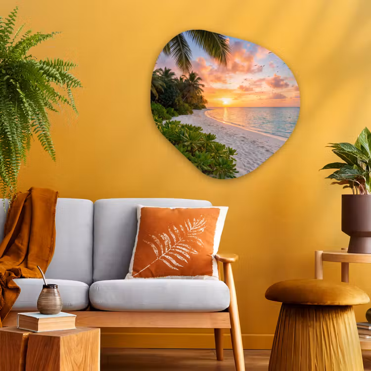 Strand - Zonsondergang - Palmbomen - Tropisch - Natuur Wandcirkel Organisch Aluminium middel -sfeer4