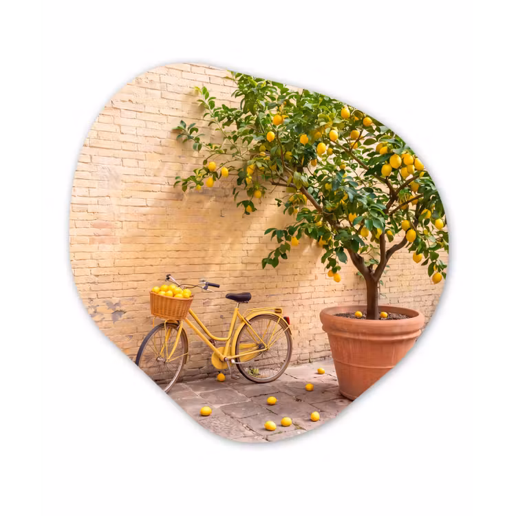 Fiets - Mand - Eten - Geel - Zomer Wandcirkel Organisch Aluminium middel -3d