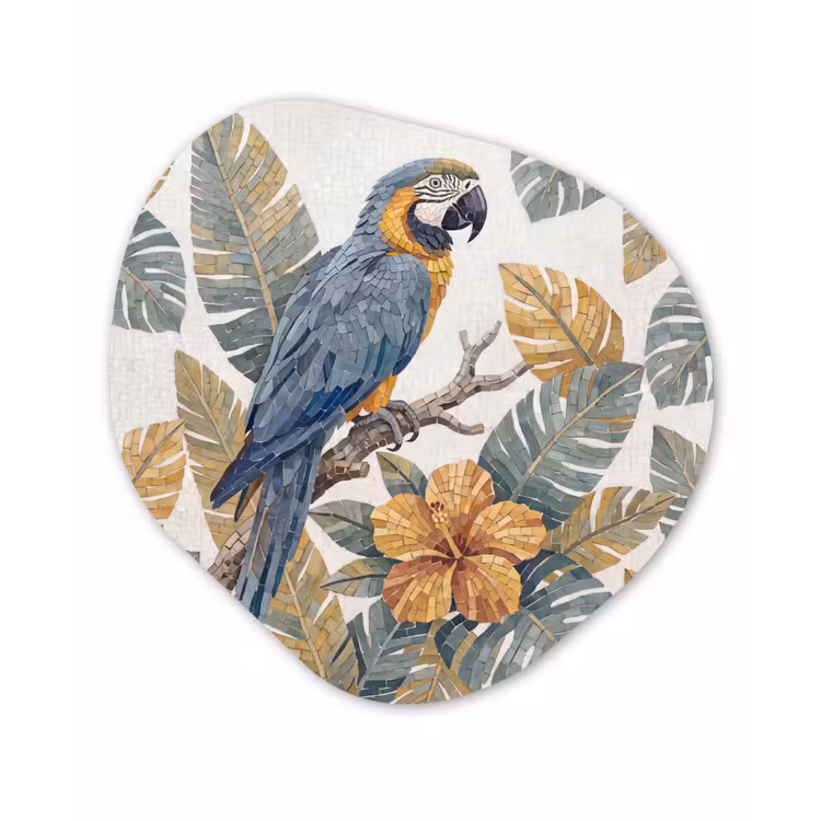 Vogel - Tak - Natuur - Mozaïek - Blauw Wandcirkel Organisch Aluminium middel -3d