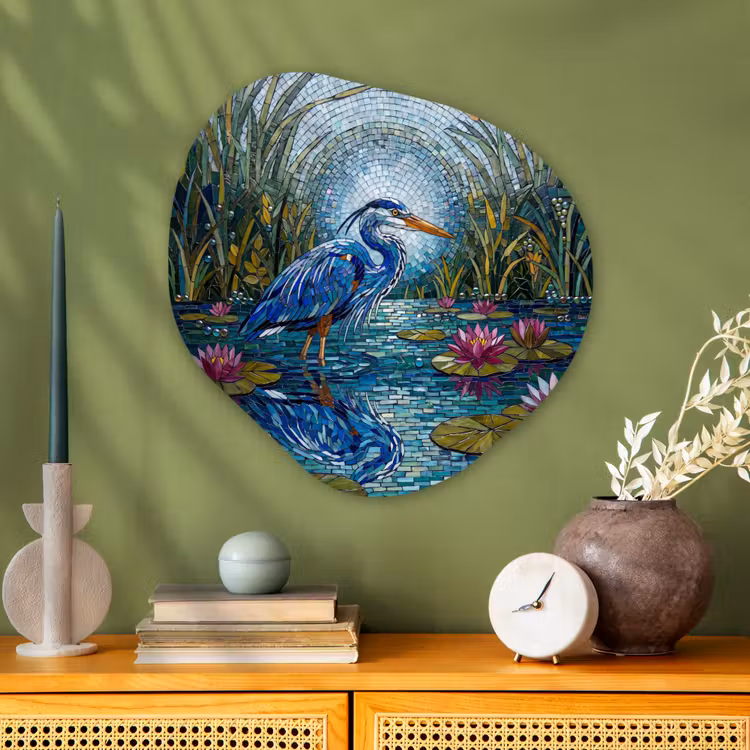 Vogel - Water - Natuur - Abstract - Blauw Wandcirkel Organisch Aluminium middel -sfeer2