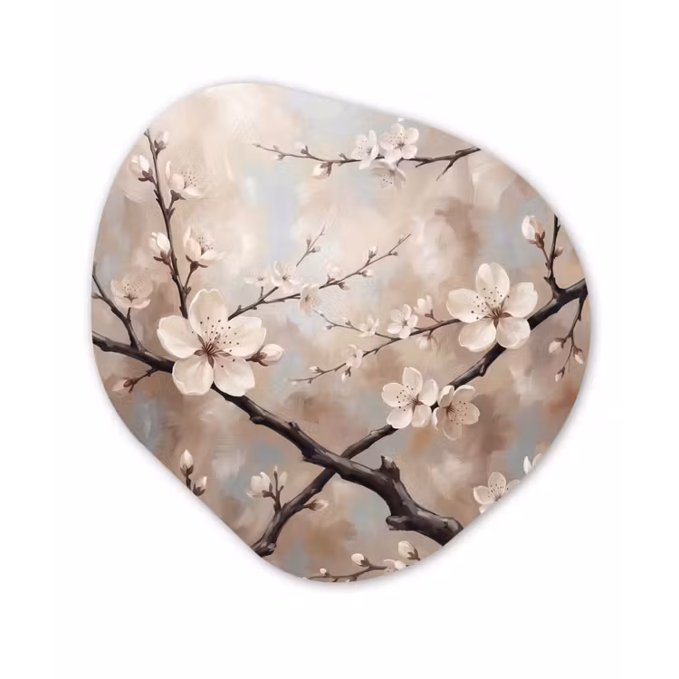 Bloesem - Takken - Schilderij - Beige - Serene Wandcirkel Organisch Aluminium middel -3d