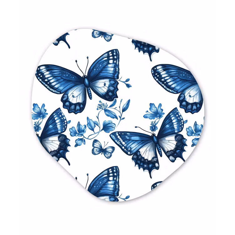 Blauw - Vlinders - Bloemen - Wit Wandcirkel Organisch Aluminium middel 851 -3d