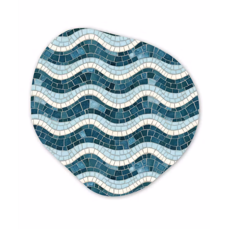 Blauw - Wit - Mozaïek - Golvend Wandcirkel Organisch Aluminium middel 851 -3d