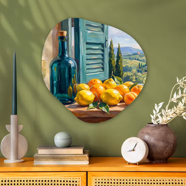 Organic painting - Aluminum -. Bottle - Fruit - Still Life - Fles - Fruit - Stilleven Wandcirkel Organisch Aluminium middel
