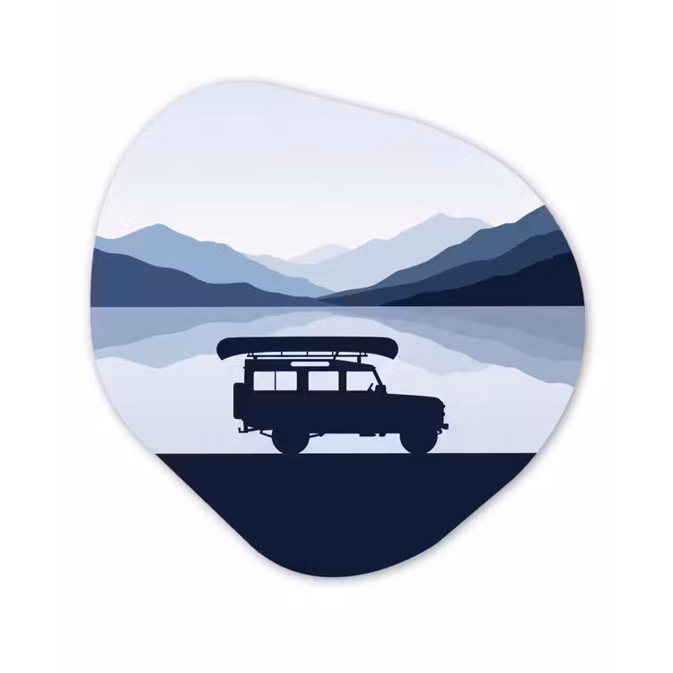 Auto - Meer - Bergen - Blauw Wandcirkel Organisch Aluminium middel -3d