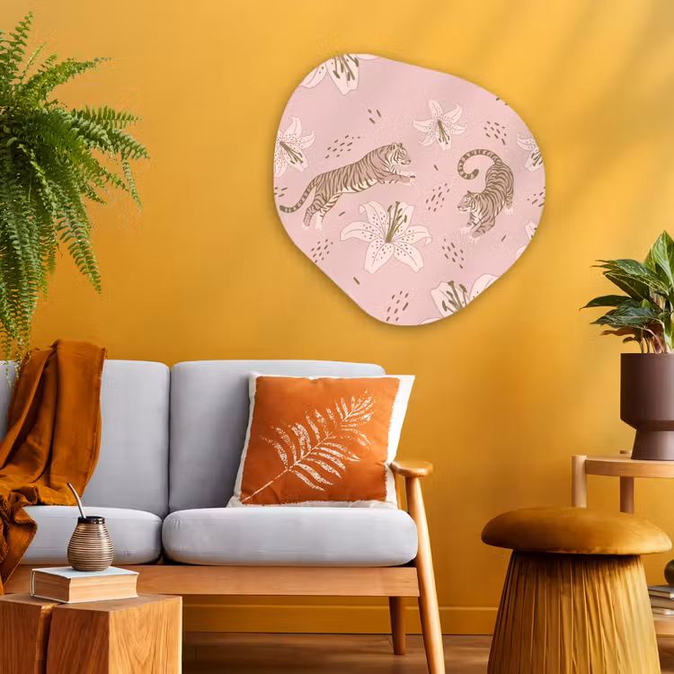 Kat - Springend - Bloemen - Abstract - Roze Wandcirkel Organisch Aluminium middel -sfeer4