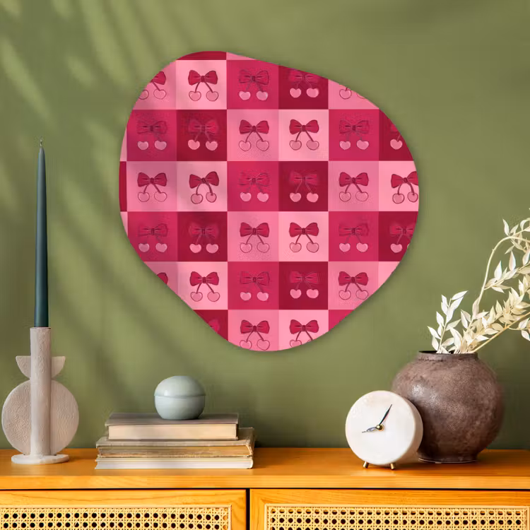 Kersen - Strikjes - Speels - Roze - Bordeaux Wandcirkel Organisch Aluminium middel 851 -sfeer2