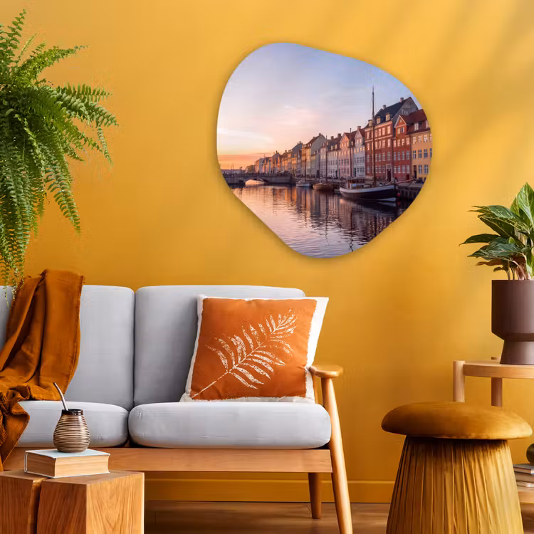 Stad - Gracht - Zonsondergang - Klassiek - Kleurrijk Wandcirkel Organisch Aluminium middel -sfeer4