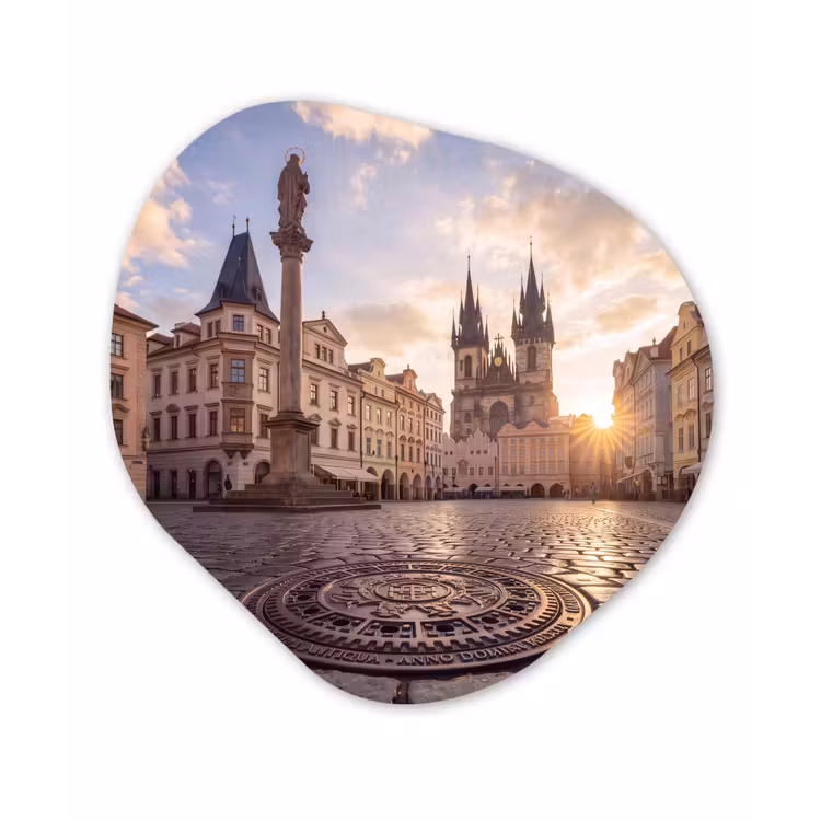 Stad - Praag - Ochtend - Architectuur - Goud Wandcirkel Organisch Aluminium middel -3d