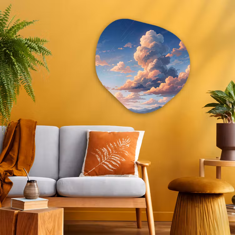 Wolken - Daghemel - Natuur - Illustratie - Oranje Wandcirkel Organisch Aluminium middel -sfeer4