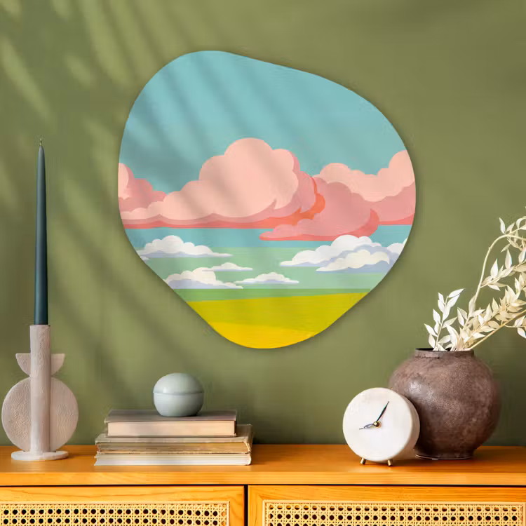 Wolken - Roze - Natuur - Modern - Pastel Wandcirkel Organisch Aluminium middel -sfeer2
