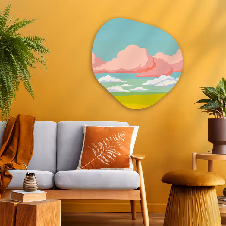 Wolken - Roze - Natuur - Modern - Pastel Wandcirkel Organisch Aluminium middel -sfeer4