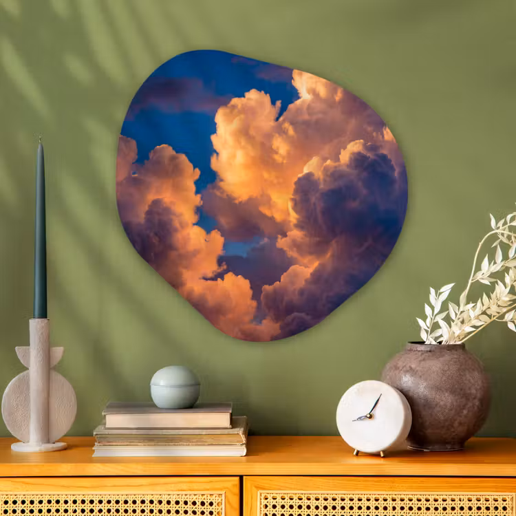 Wolken - Zonsondergang - Natuur - Oranje - Blauw Wandcirkel Organisch Aluminium middel -sfeer2