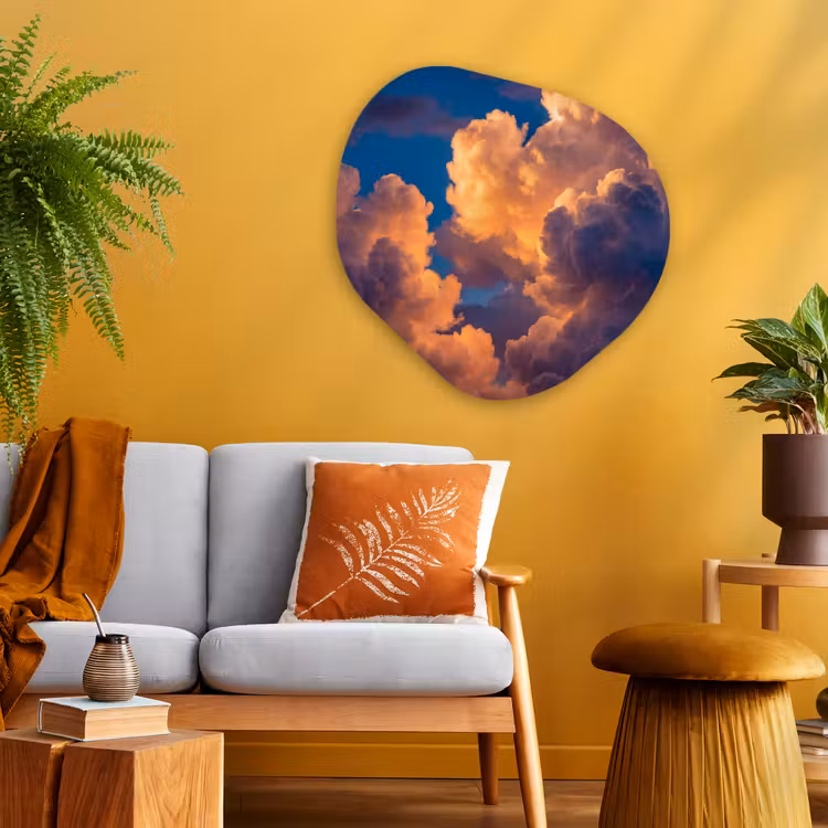 Wolken - Zonsondergang - Natuur - Oranje - Blauw Wandcirkel Organisch Aluminium middel -sfeer4
