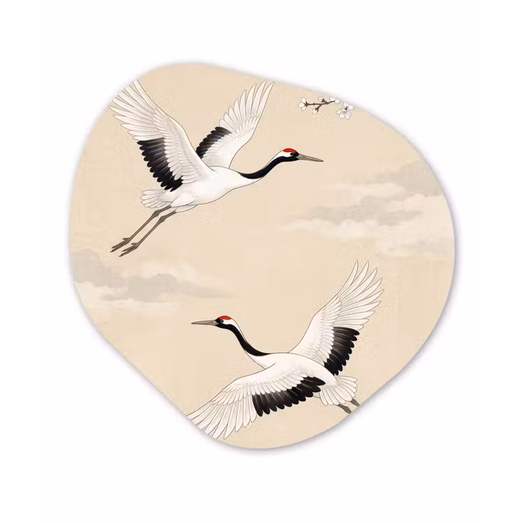Kraanvogels - Bloesem - Beige Wandcirkel Organisch Aluminium middel -3d