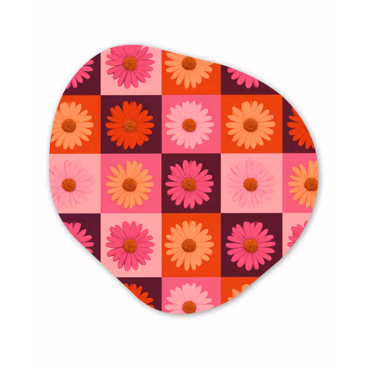 Madeliefjes - Dambord - Retro - Roze - Oranje Wandcirkel Organisch Aluminium middel 851 -3d