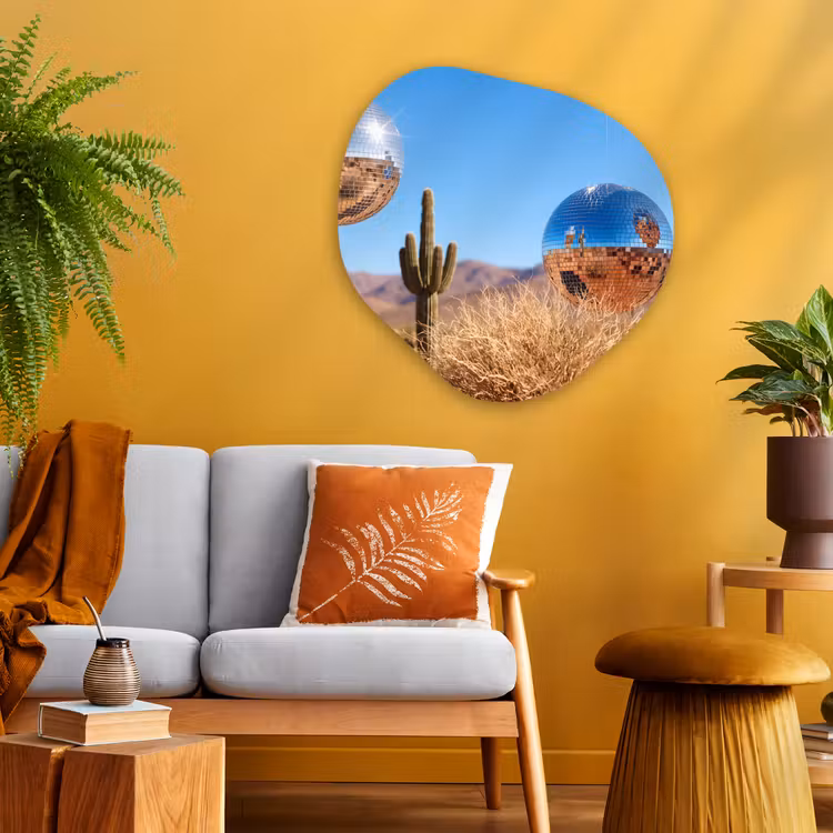 Organic painting - Aluminum -. Desert - Mirror Ball - Art - Woestijn - Spiegelbal - Kunst Wandcirkel Organisch Aluminium middel