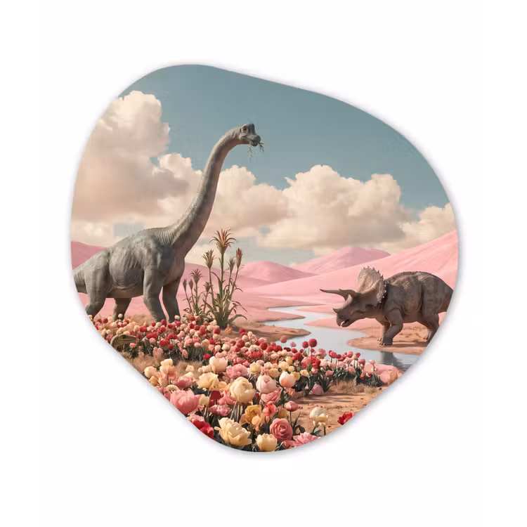 Organic painting - Aluminum -. Dinosaur - Pink - Landscape - Dinosaurus - Roze - Landschap Wandcirkel Organisch Aluminium middel