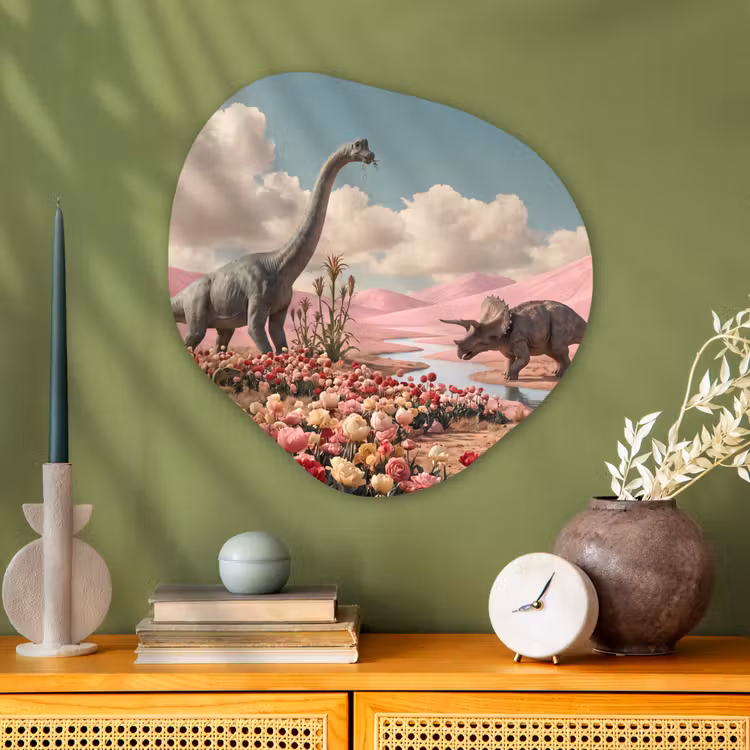 Organic painting - Aluminum -. Dinosaur - Pink - Landscape - Dinosaurus - Roze - Landschap Wandcirkel Organisch Aluminium middel